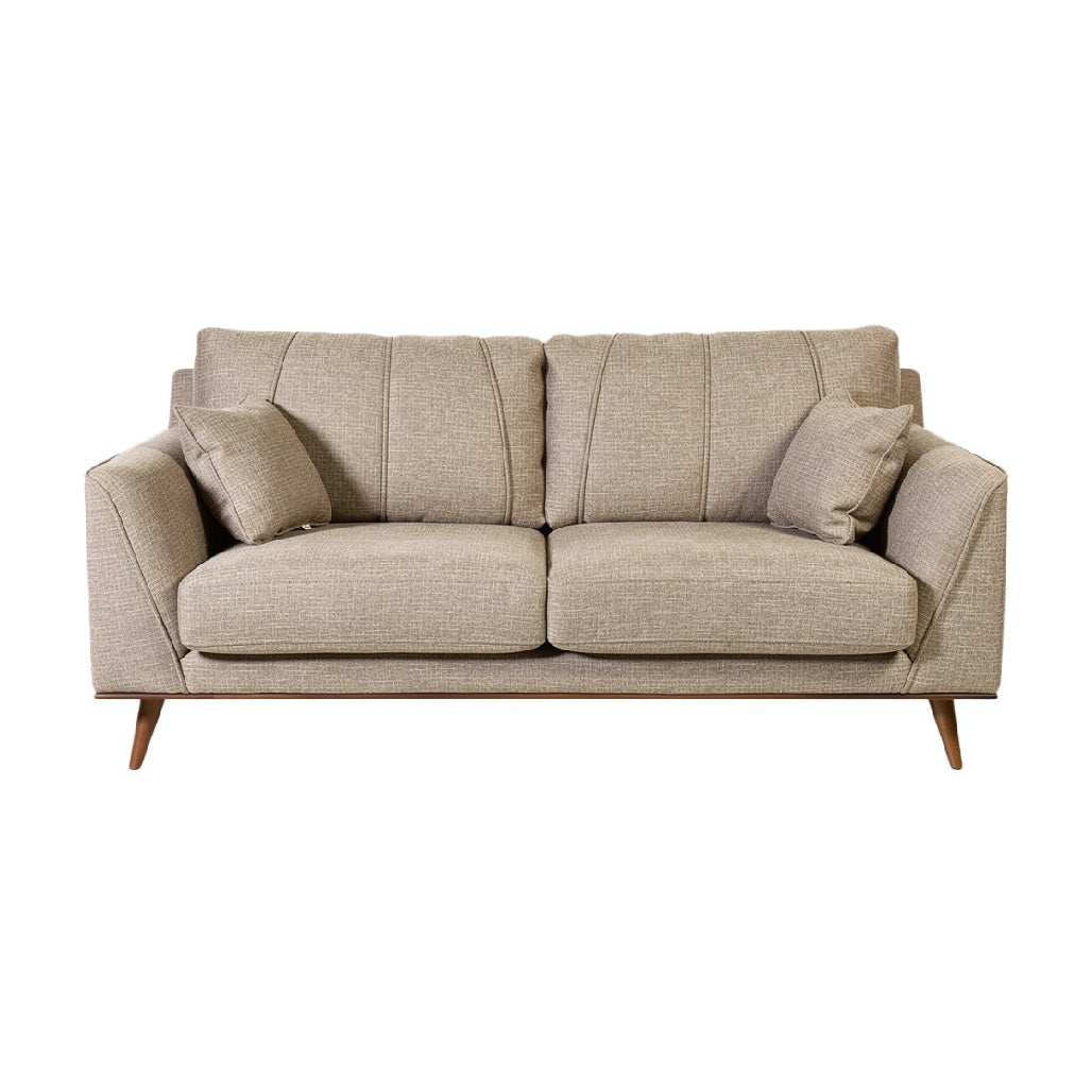 **Tytuł techniczny po polsku: Nowoczesna sofa z tkaniny beżowej z poduszkami**